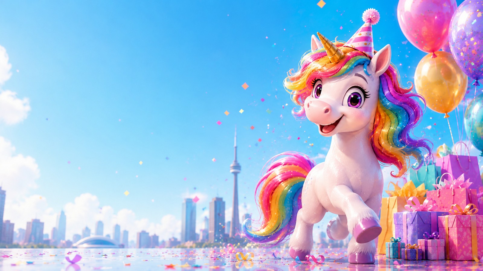 Cheerful Una the Unicorn at a birthday celebration while checking free birthday stuff and birthday goodie details
