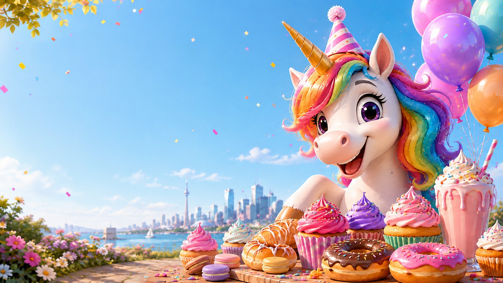Friendly Una the Unicorn celebrating with birthday cake, gifts and balloons while finding free birthday stuff and free birthday goodies in Canada