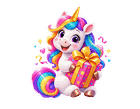 Una the Unicorn holding a gift for free birthday stuff and birthday goodies in Canada