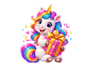 Una the Unicorn holding a gift while sharing clear free birthday stuff and birthday goodies information